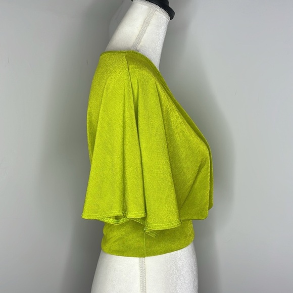 Y2K Objex Lime Green Slinky Faux Wrap Crop Top V Neck Dolman Sleeve Size M - Picture 5 of 10